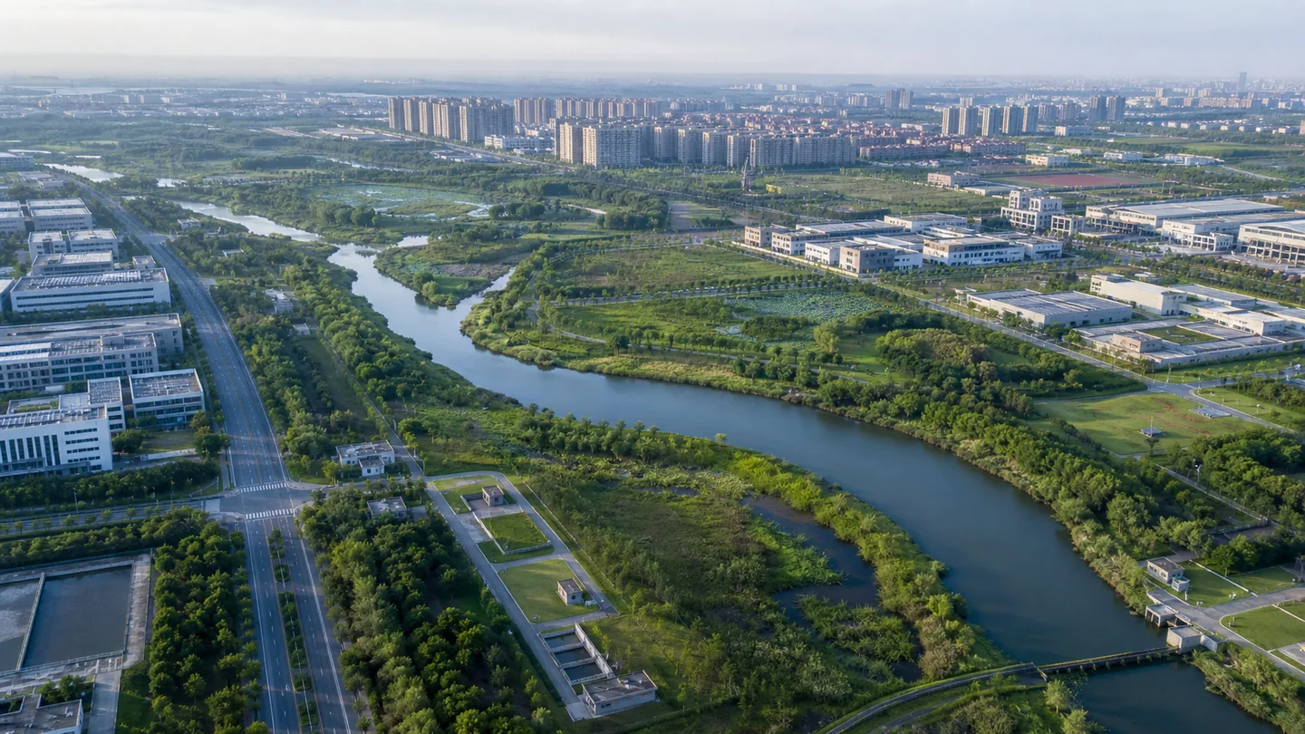 Aerial view of an urban district integrated with rivers, wetlands and ecological corridors